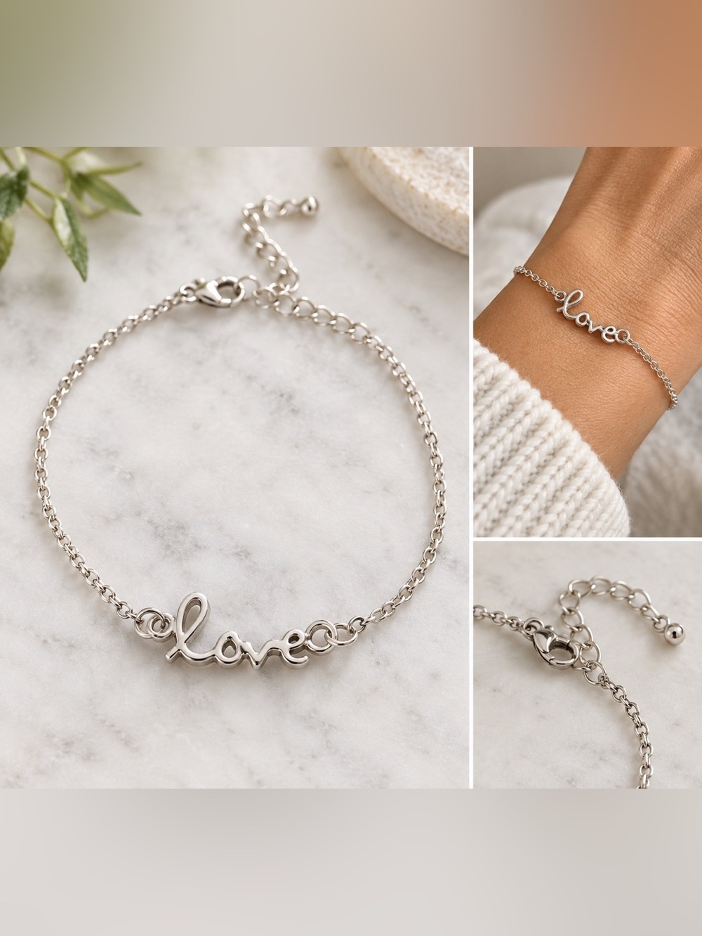 Silver love script bracelet adjustable chain